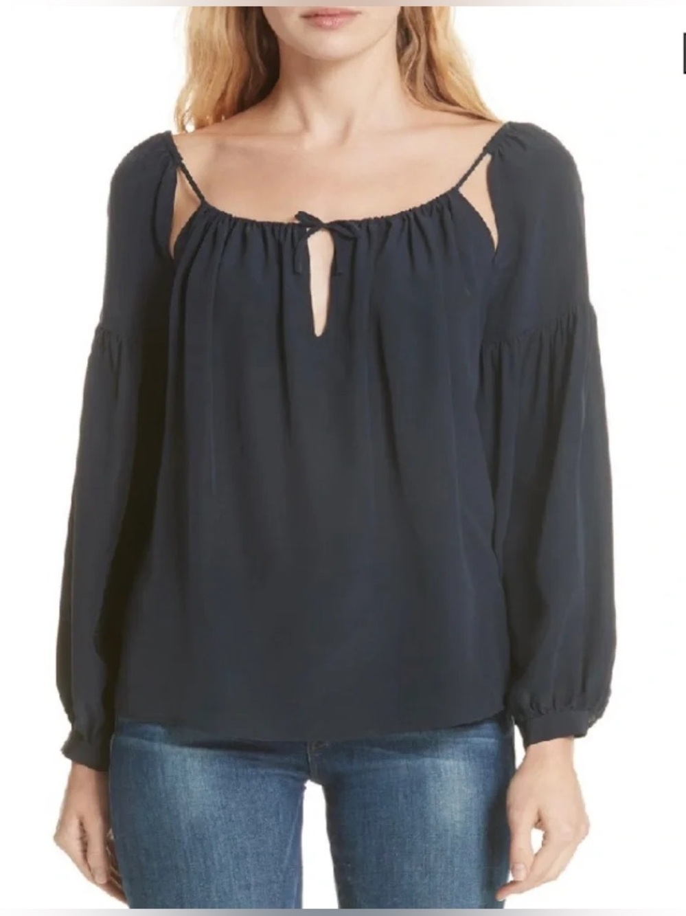 FRAME Tie-up Peasant Silk Top in Dark Navy - Size S